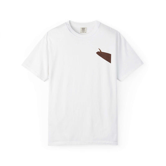 Personalized white t-shirt with a brown surfboard graphic for beach lovers and surfers.