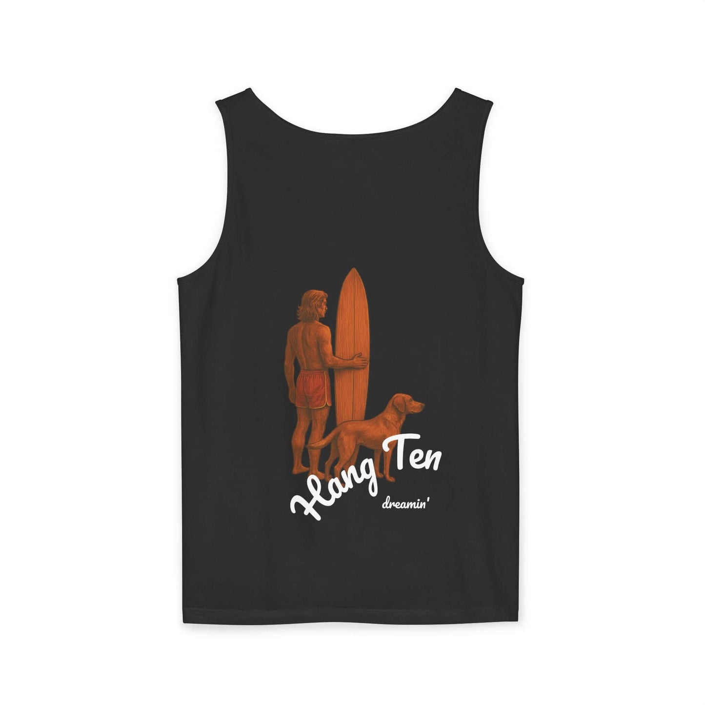 Personalized black surfing tank top featuring a man and dog with 'Hang Ten' design.
