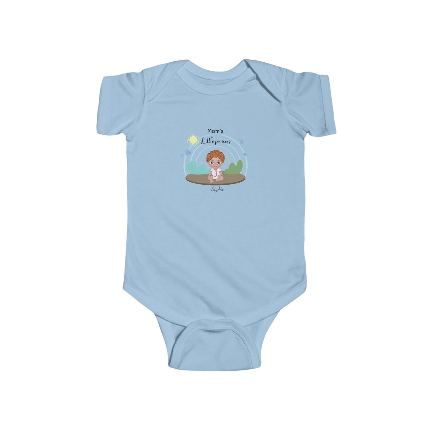 Customizable infant bodysuit in light blue with playful design, perfect for newborns and thoughtful gifts.