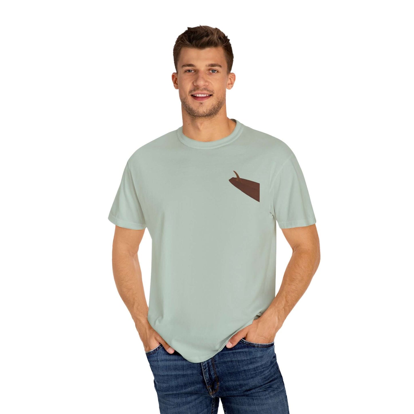 Man wearing a light green personalized tee with a brown graphic design, showcasing summer vibes and casual style.