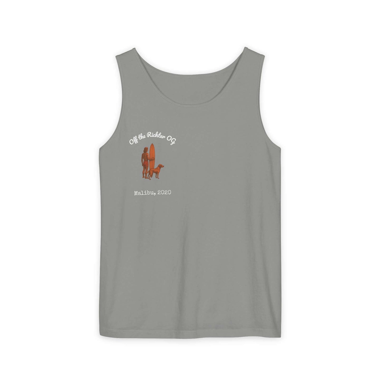 Personalized surfing tank top for dog lovers, featuring surfboards and playful design in gray.