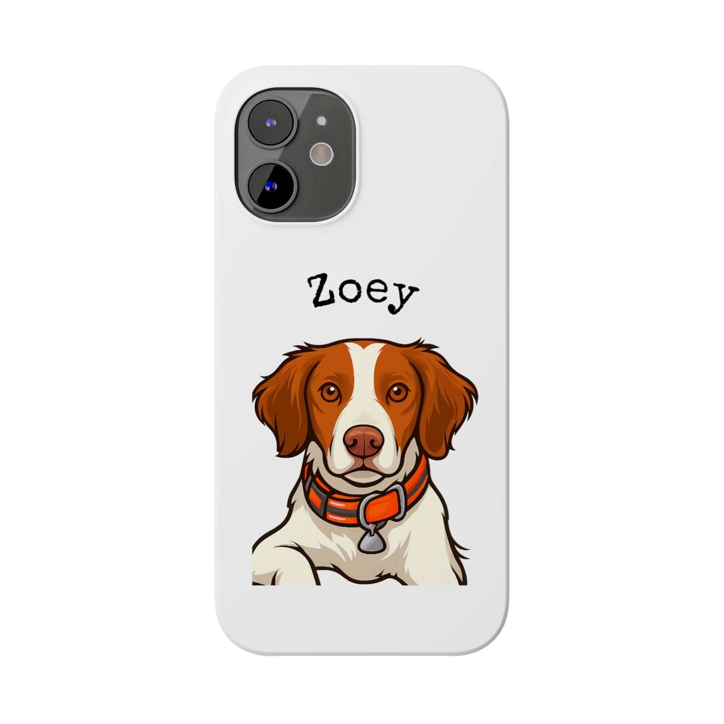 Custom cartoon phone case featuring a portrait of a dog named Zoey with a stylish collar, perfect for dog lovers.
