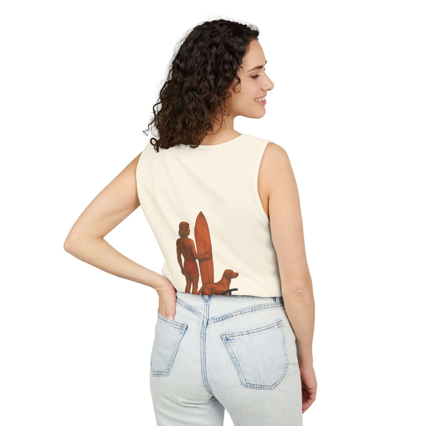 Woman in a personalized surfing tank top with a surfboard and dog design, perfect for beach lovers.