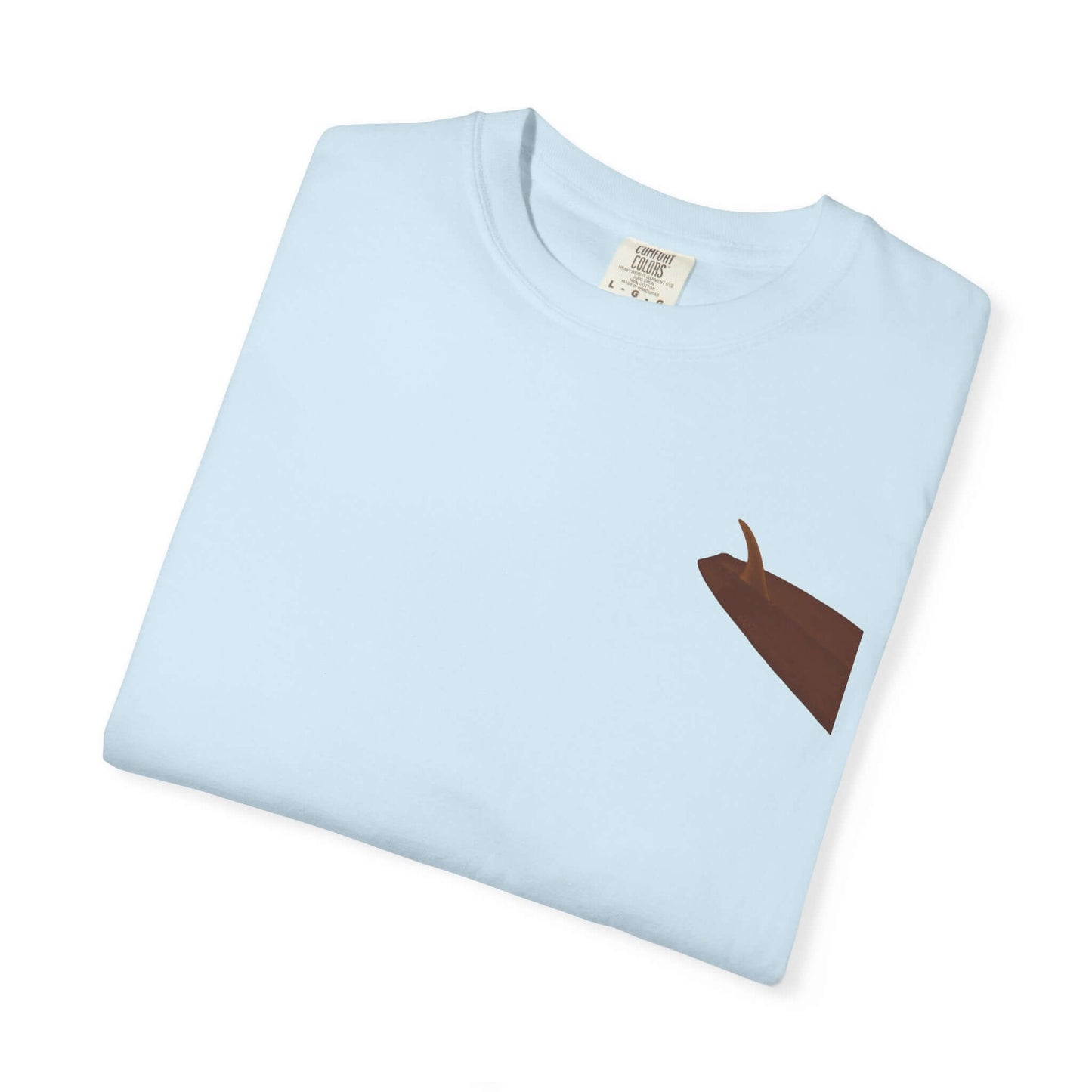 Personalized surf-inspired t-shirt in light blue with a brown surfboard graphic.