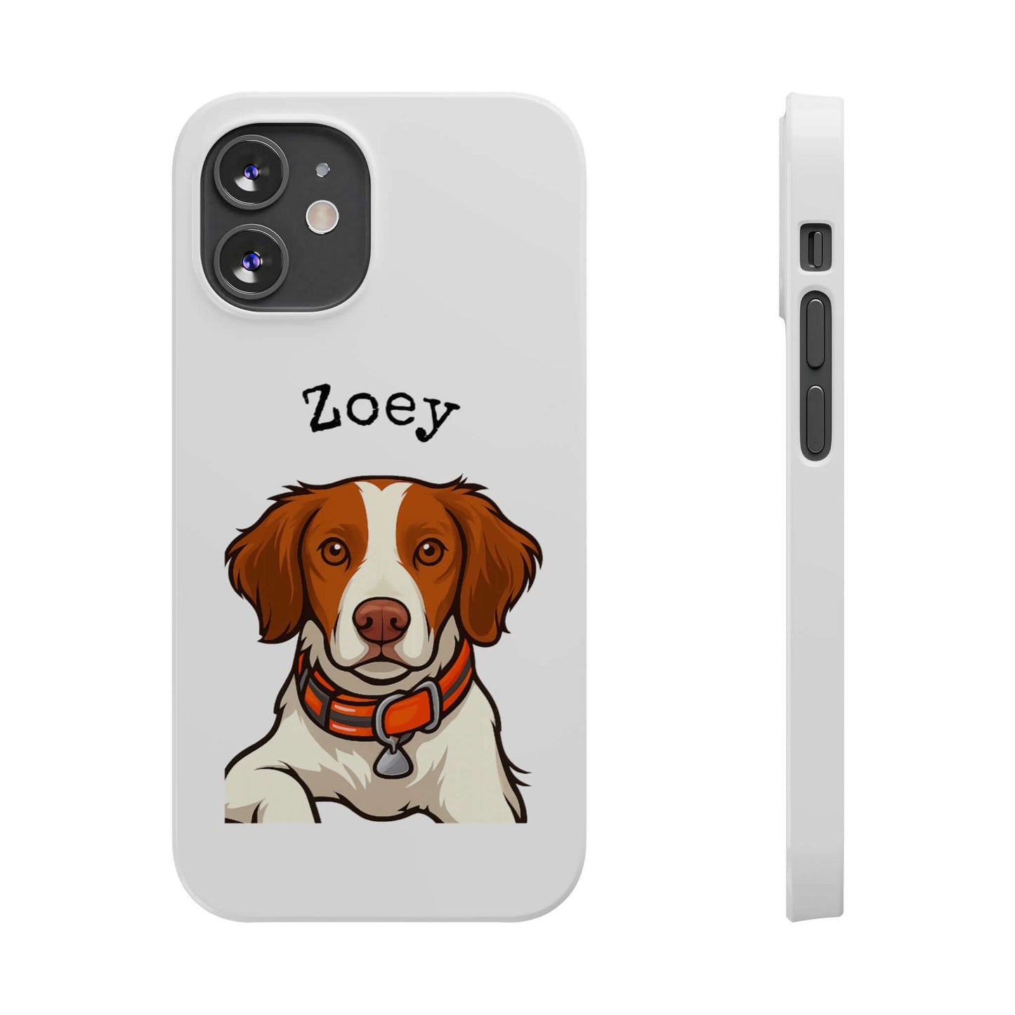 Custom cartoon dog phone case featuring a playful illustration of a dog named Zoey.