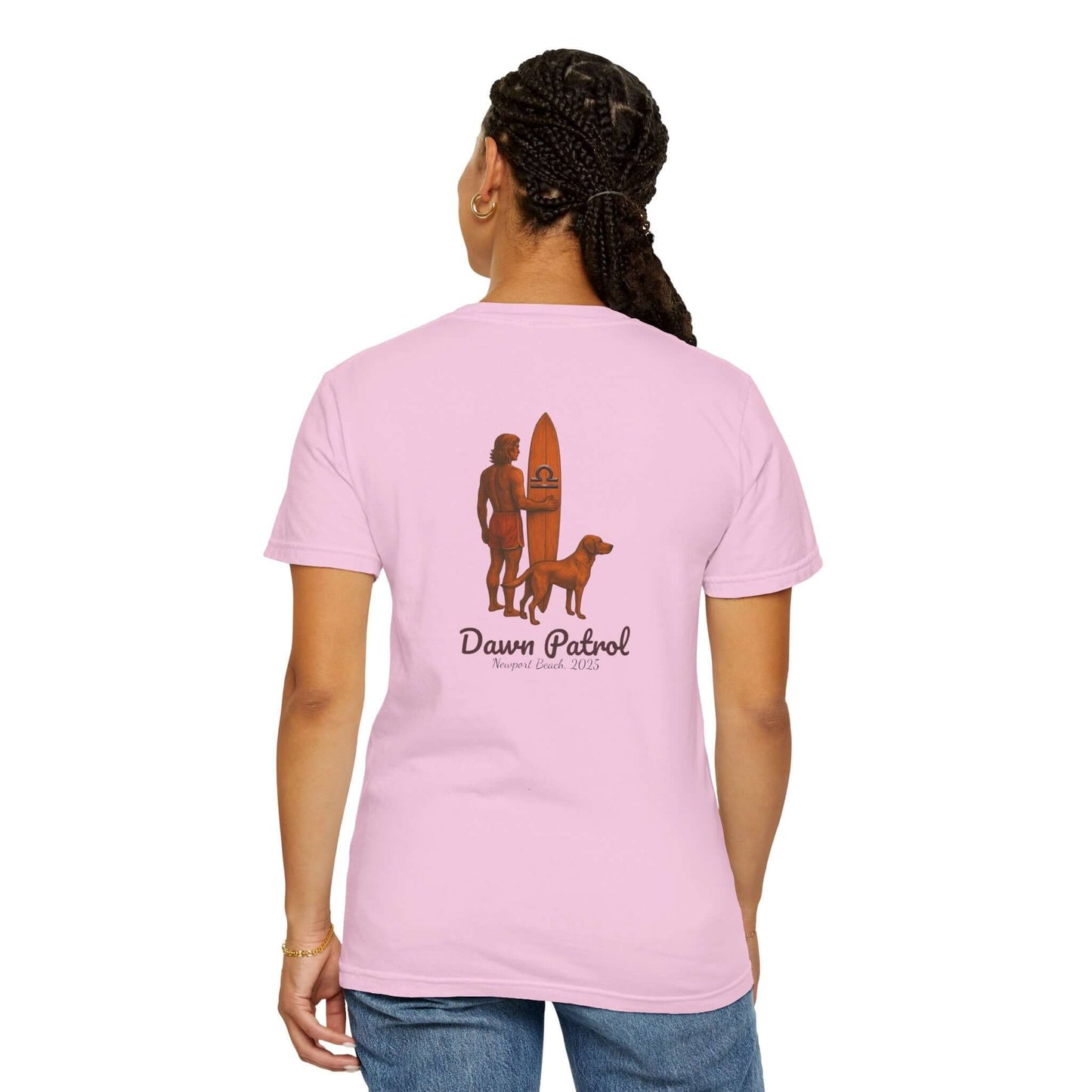 Back view of a pink personalized t-shirt featuring a surfer, dog, and 'Dawn Patrol' design.