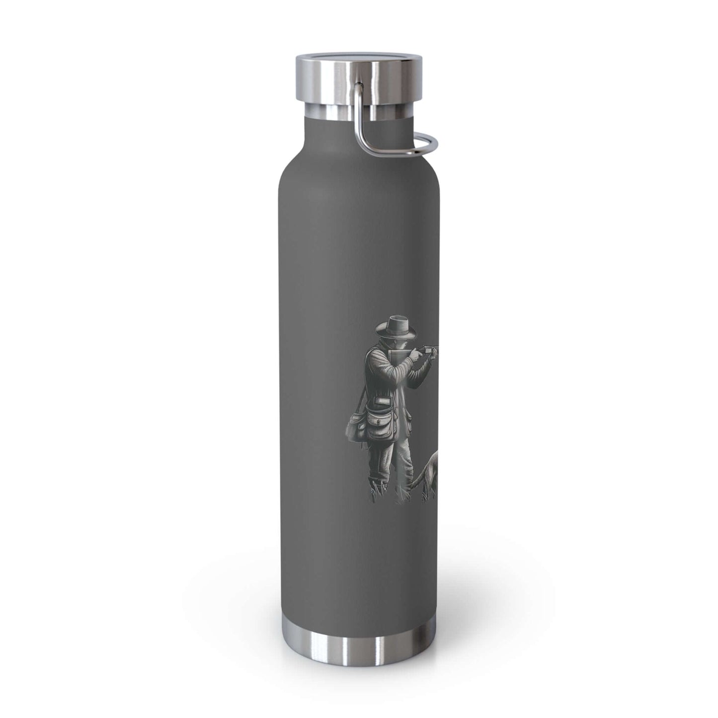 Personalized copper vacuum insulated bottle with hunter and dog design, perfect for outdoor adventures.