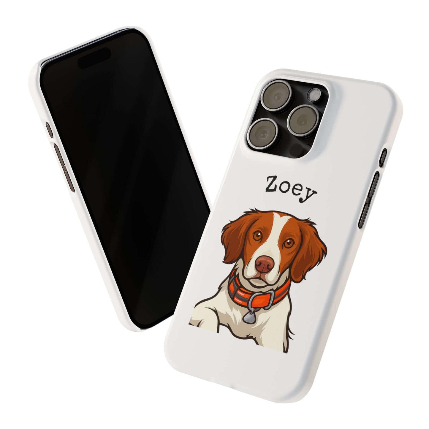 Custom cartoon dog phone case featuring a beagle named Zoey with a glossy white finish.