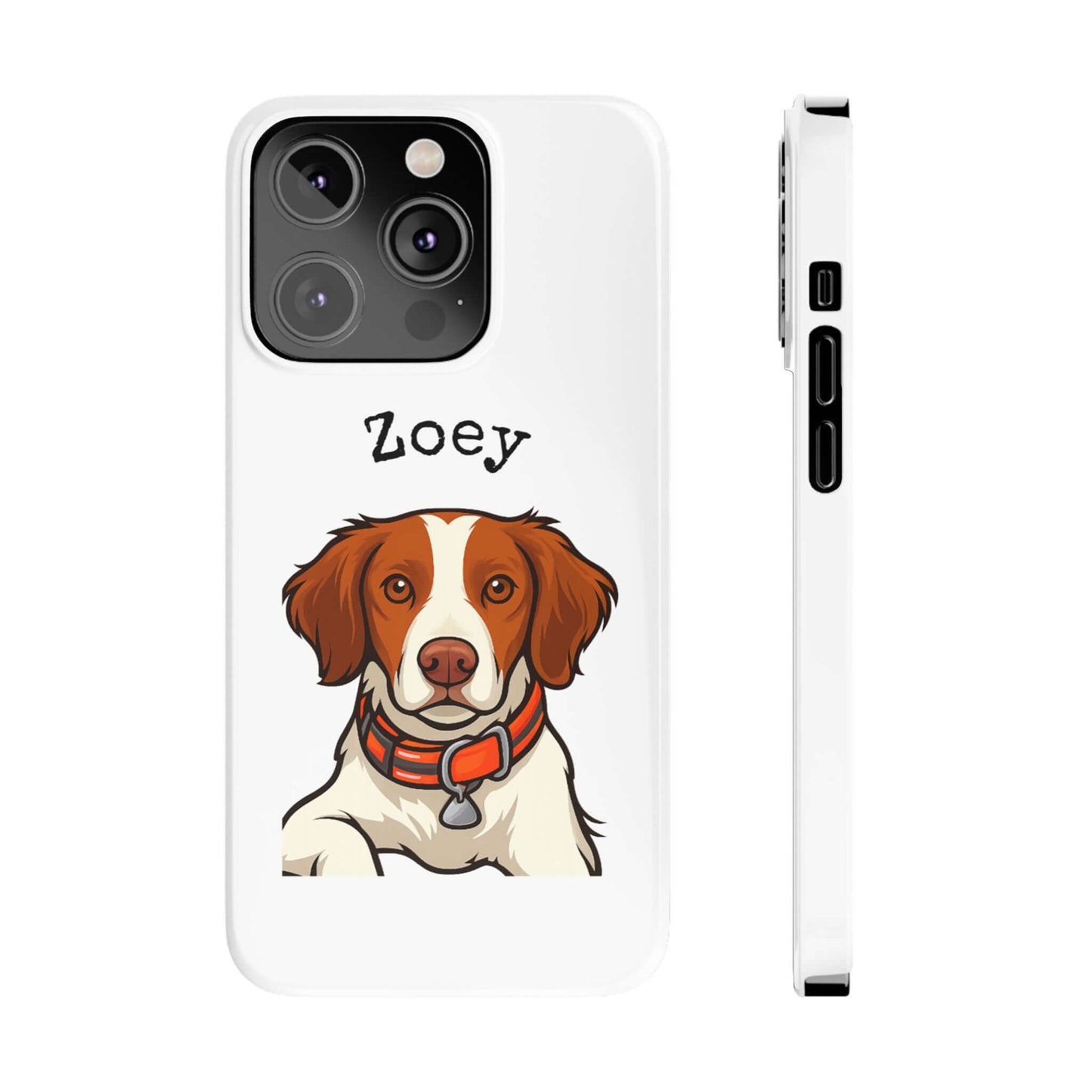 Custom cartoon phone case featuring a dog illustration with the name 'Zoey', ideal for dog lovers.