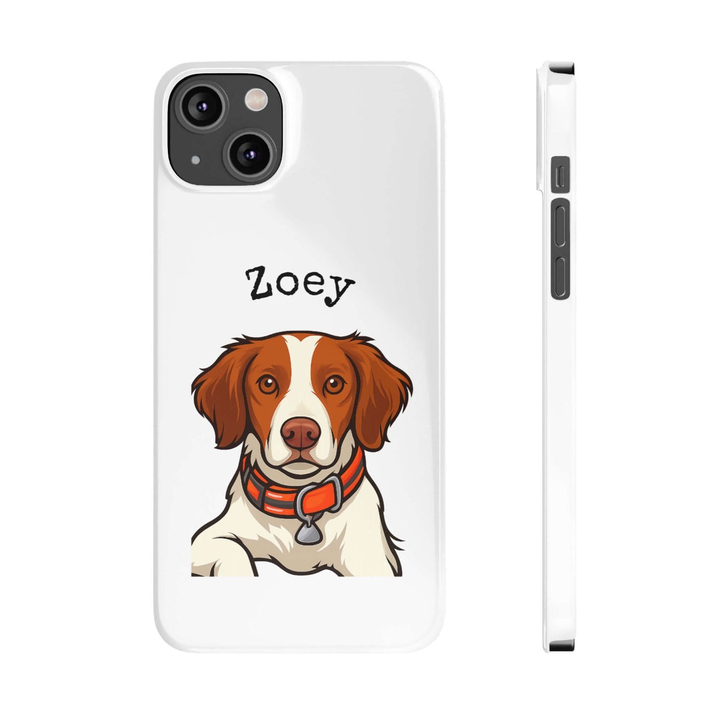 Custom cartoon dog phone case featuring a playful portrait of a dog named Zoey with a modern design.
