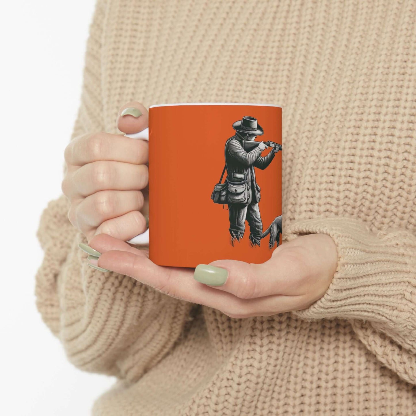 Personalized orange hunting mug featuring a hunter, perfect for outdoor enthusiasts and coffee lovers.