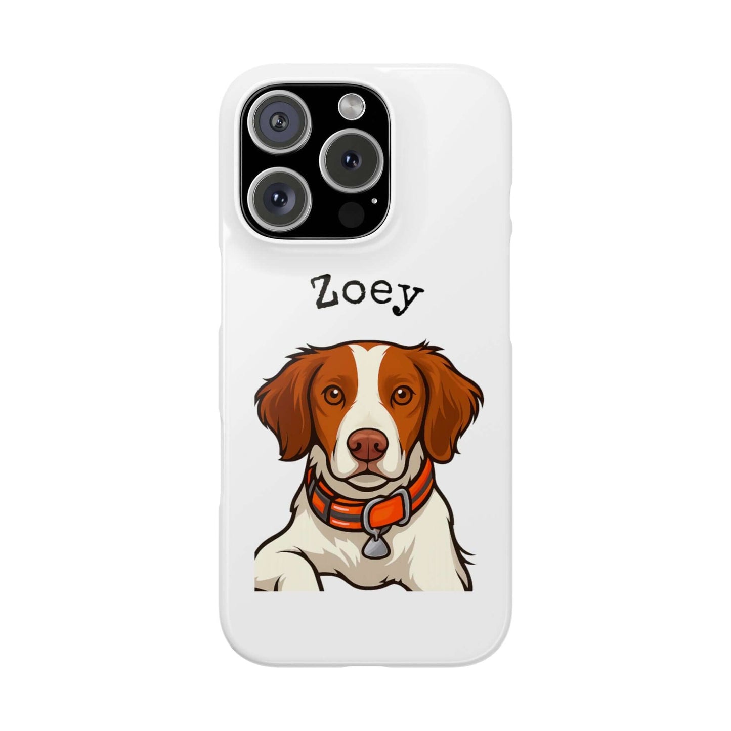 Custom cartoon dog phone case featuring a pet portrait of Zoey with a stylish collar.