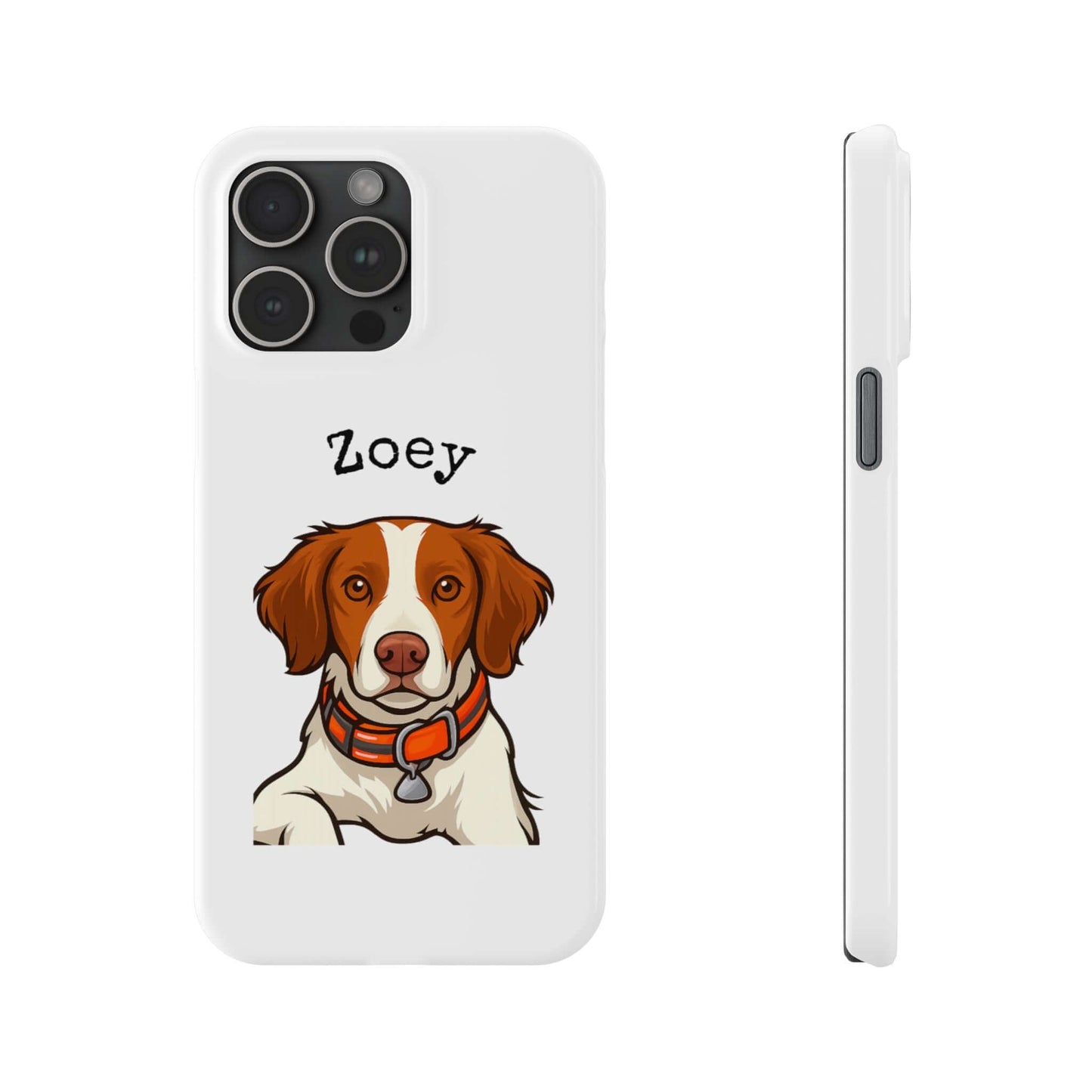 Custom dog cartoon phone case featuring a portrait of a dog named Zoey with a white glossy finish.