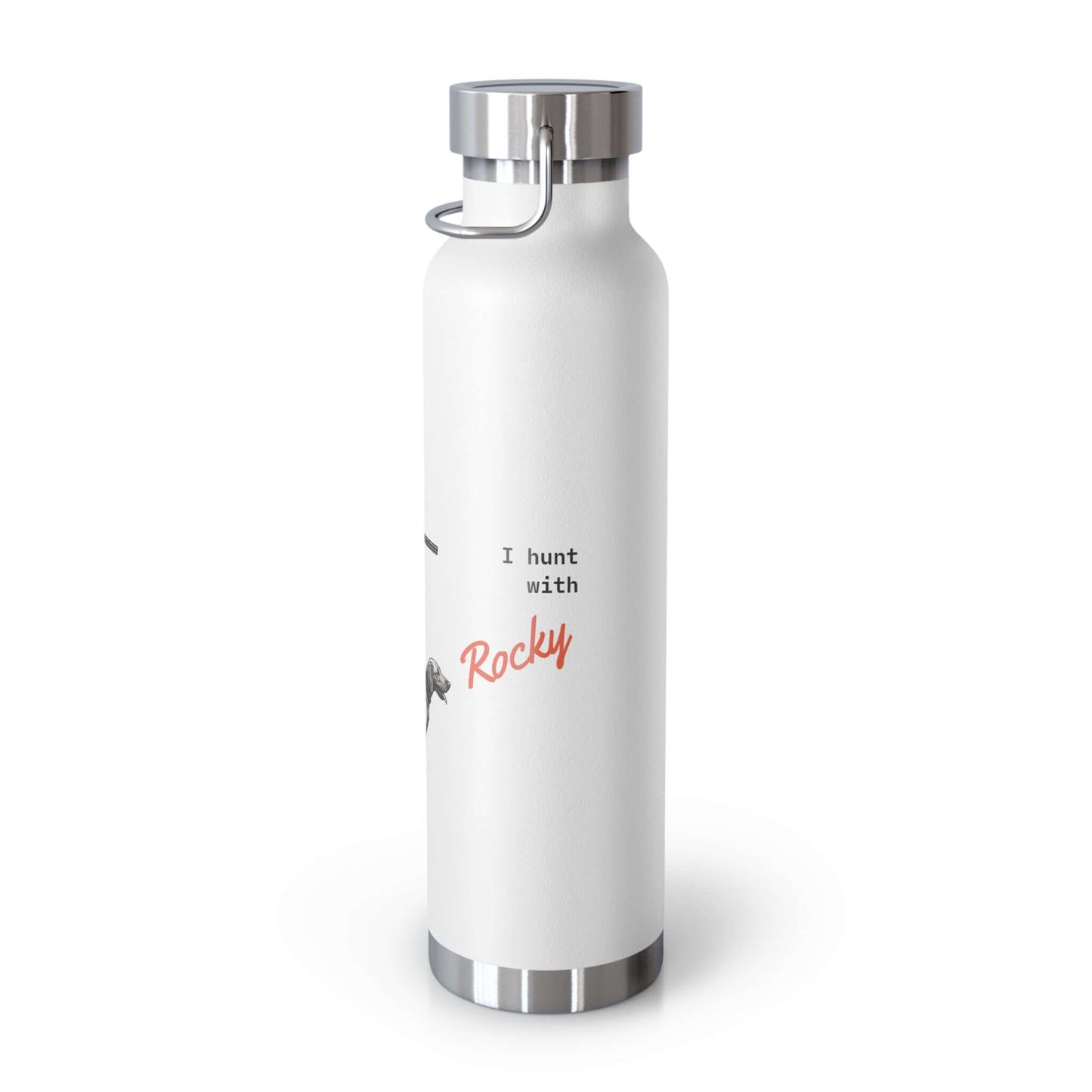 Personalized copper vacuum insulated bottle with hunter and dog design, perfect for outdoor adventures.