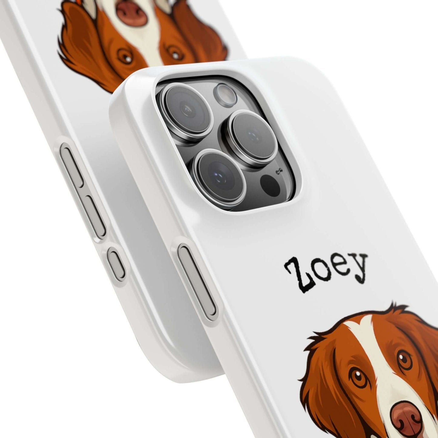 Custom cartoon dog phone case featuring a playful cartoon of a brown and white dog named Zoey.