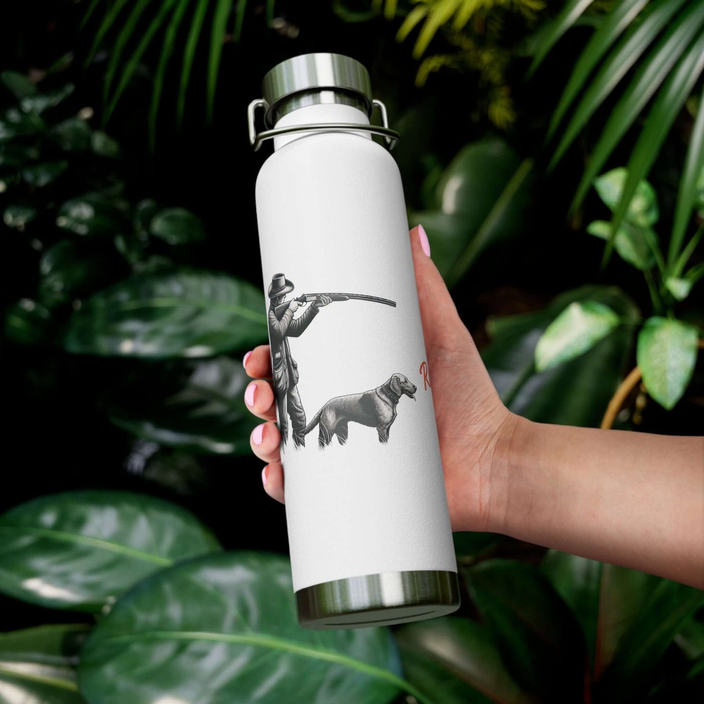 Personalized copper insulated bottle featuring a hunter and dog design, ideal for outdoor adventures.