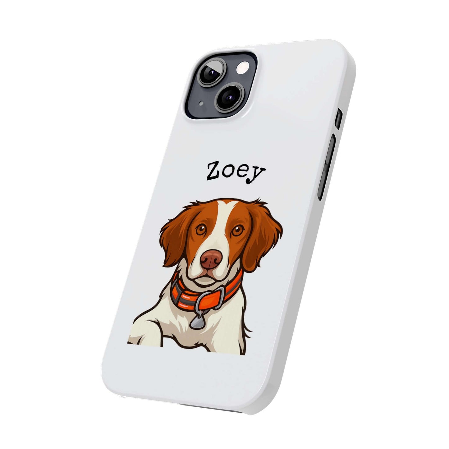 Custom cartoon dog phone case featuring an illustration of a dog named Zoey on a sleek white background.