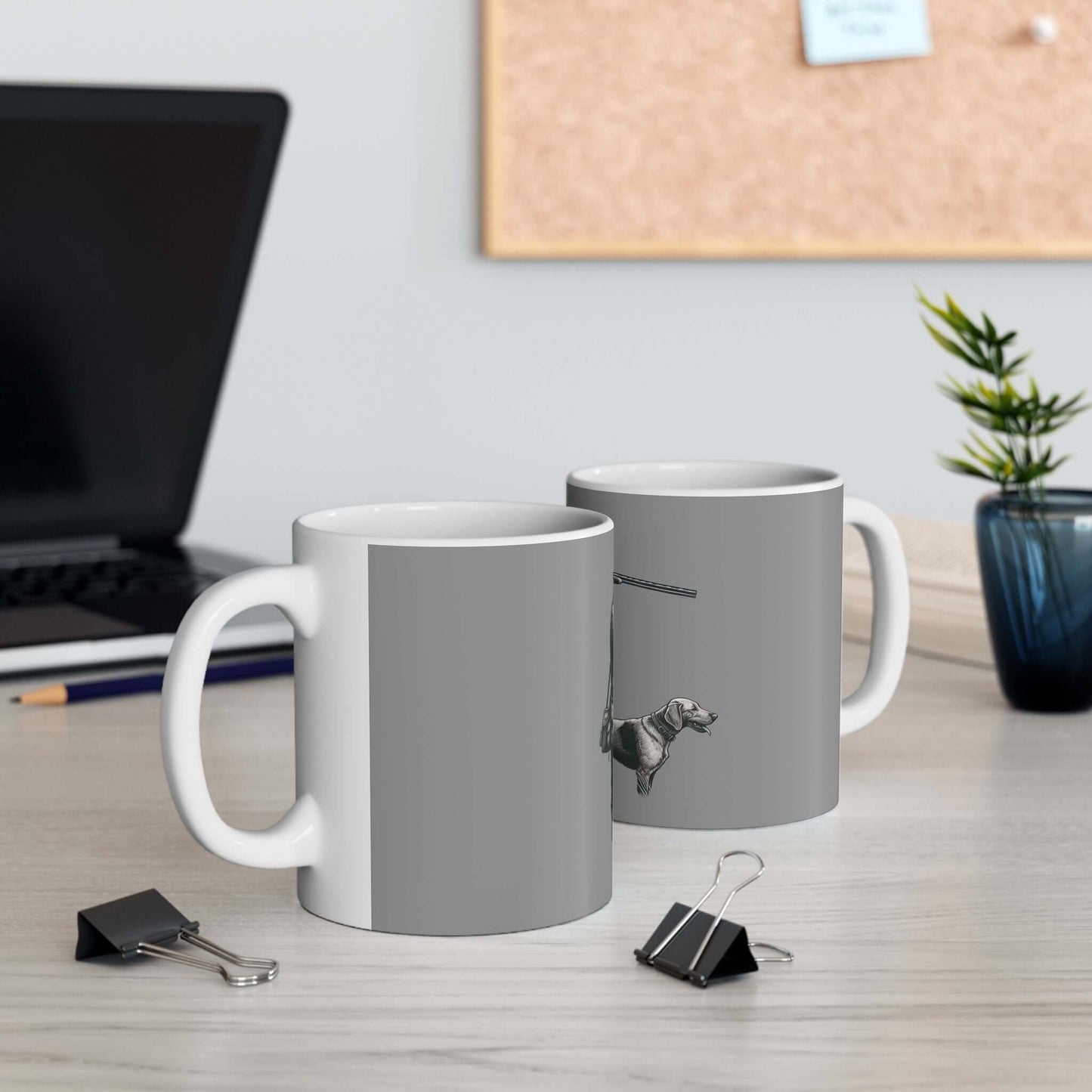 Personalized gray hunting mug featuring a dog design, perfect for outdoor enthusiasts and coffee lovers.