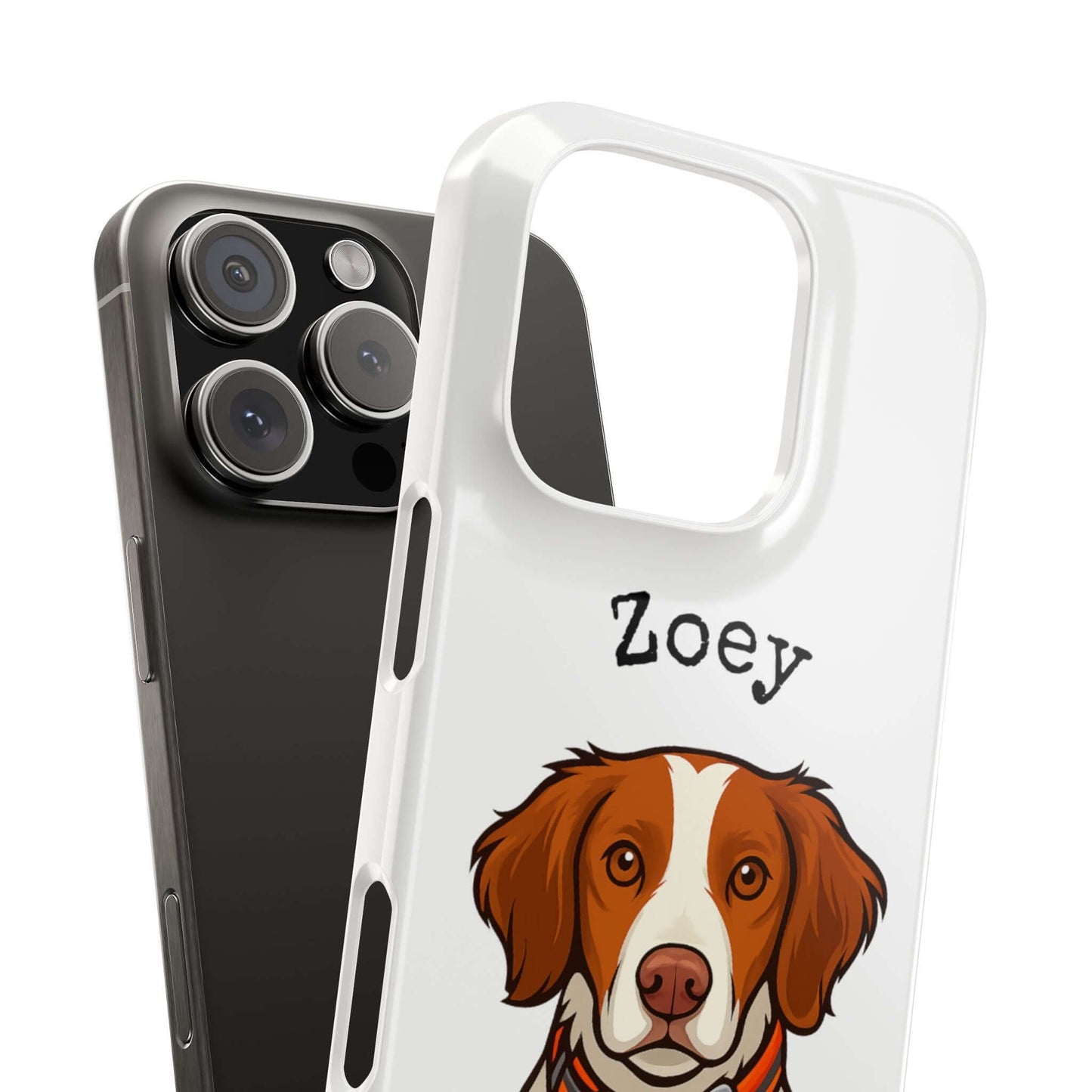 Custom cartoon dog phone case featuring a personalized pet portrait of Zoey in vibrant colors.