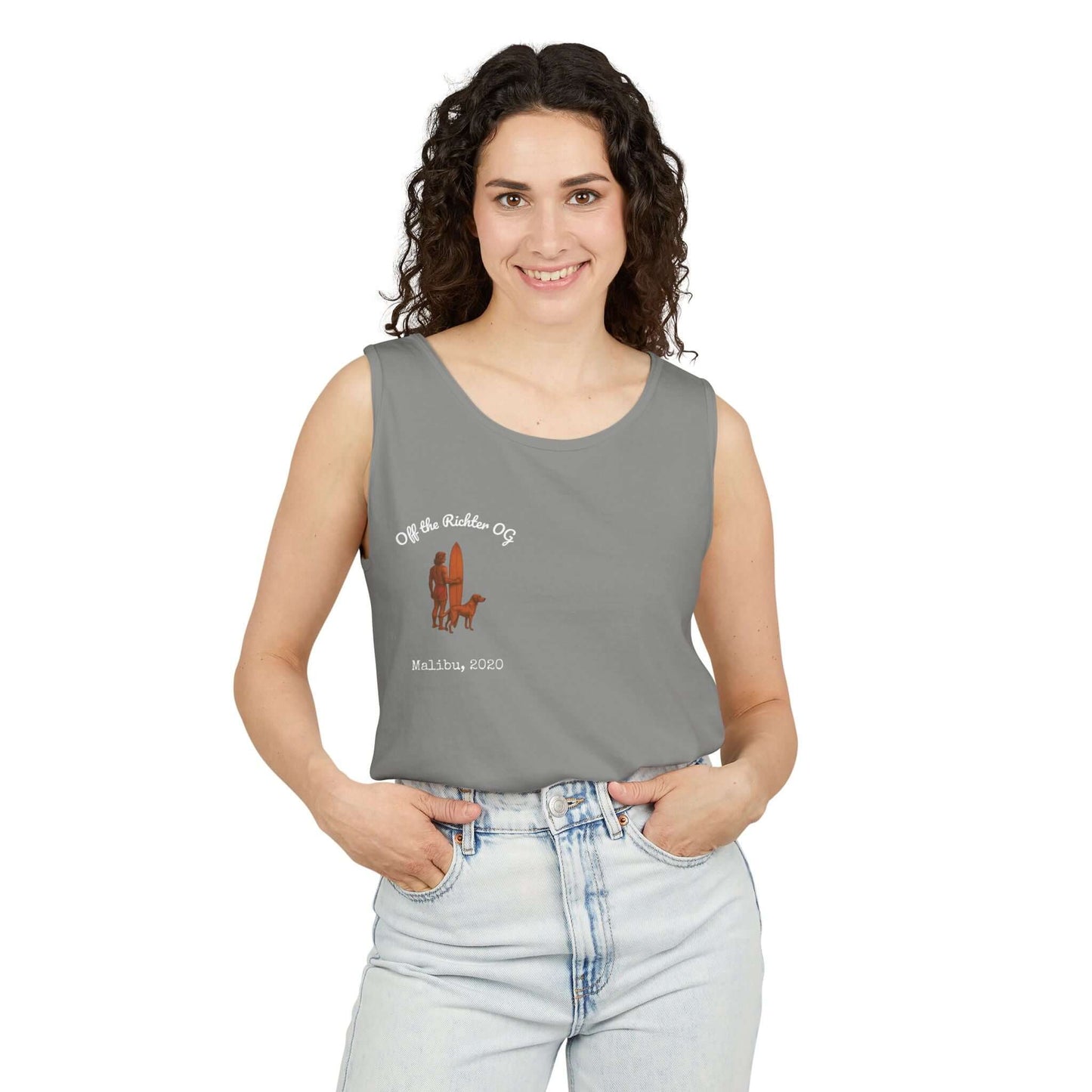 Woman wearing personalized gray surfing tank top with dog design and text, perfect for beach lovers.
