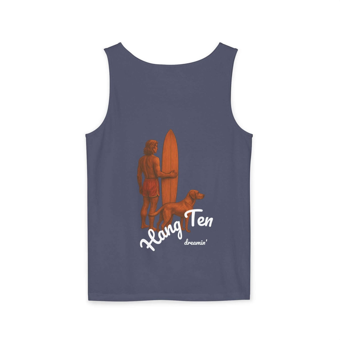 Personalized surfing tank top featuring a person with a surfboard and dog, perfect for beach lovers and adventurers.