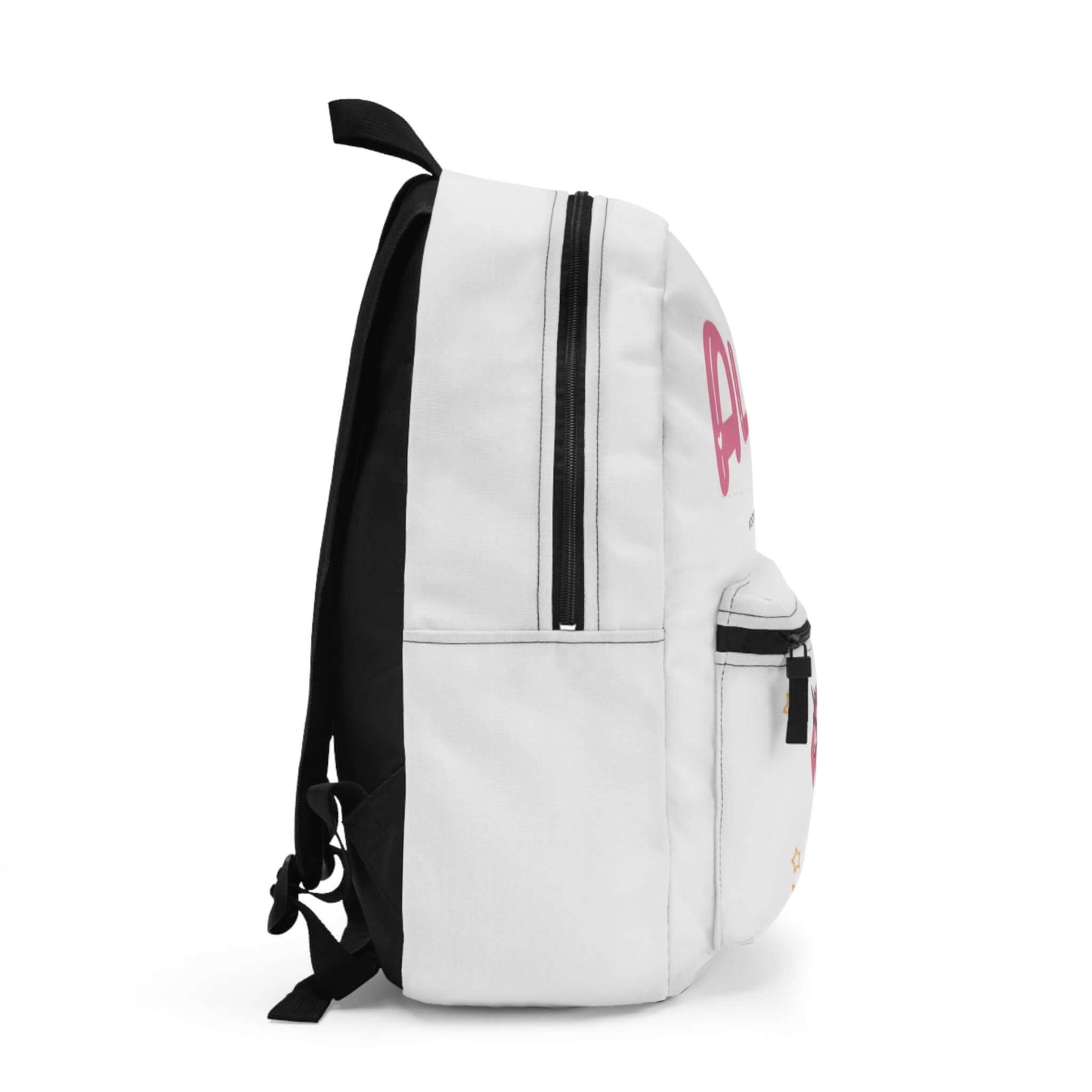 Personalized unicorn kids backpack in white, designed for preschool to elementary use, featuring durable construction.