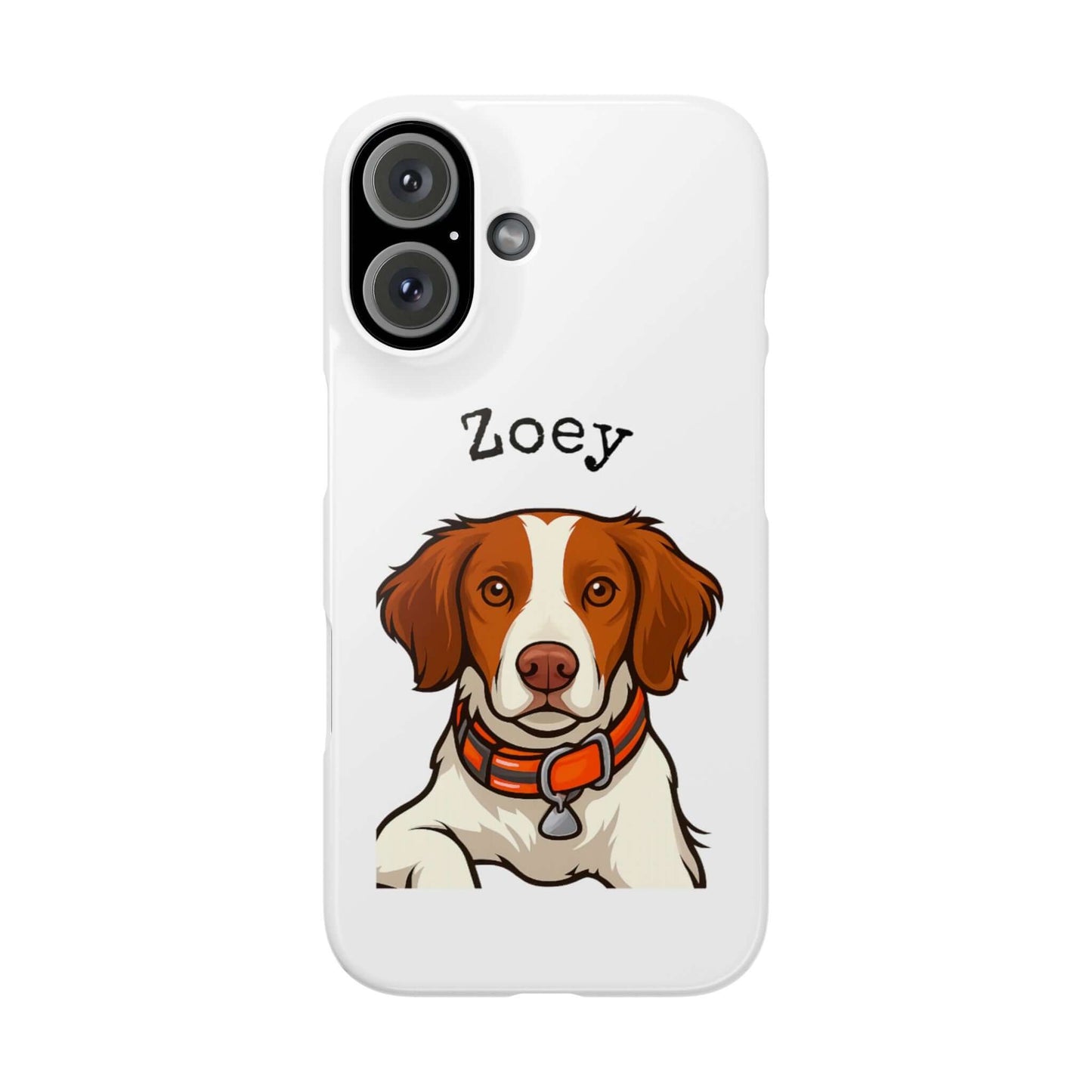 Custom cartoon dog phone case featuring a portrait of a dog named Zoey with a stylish glossy finish.