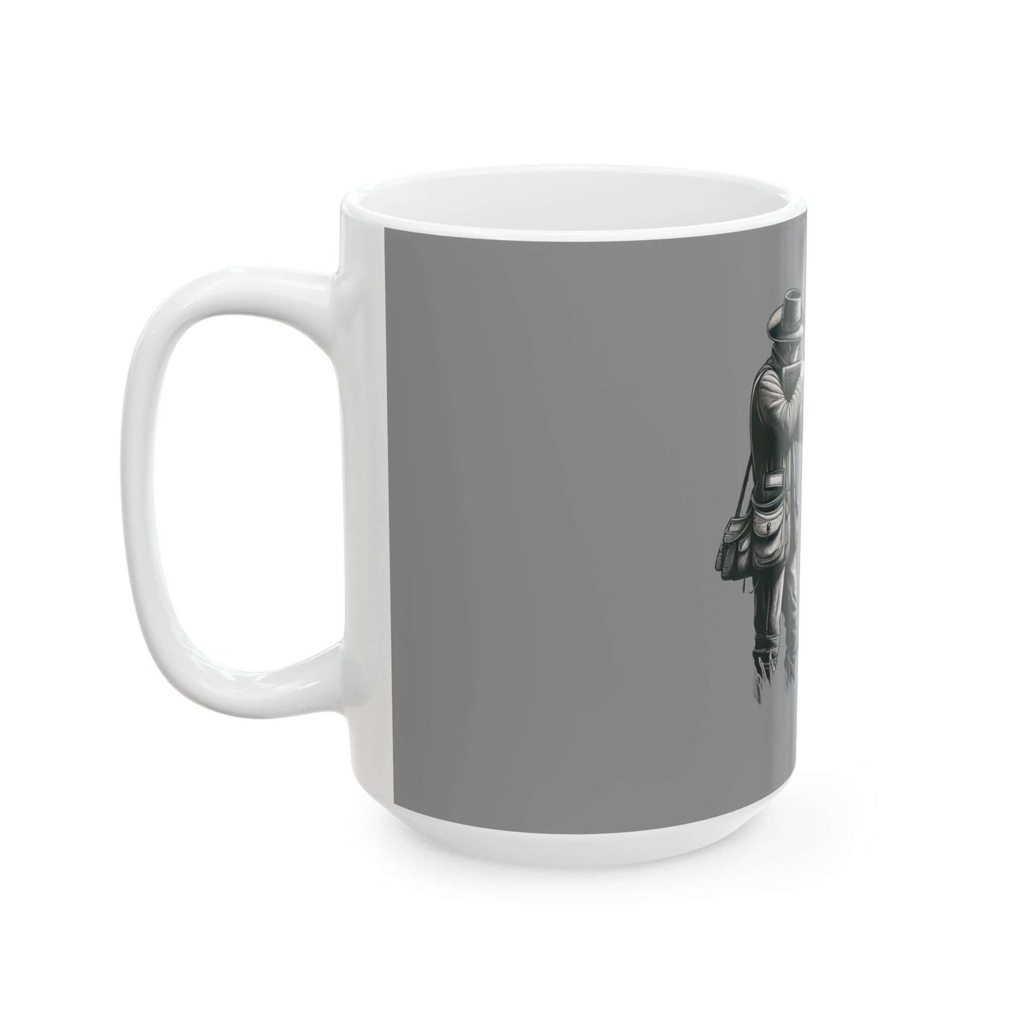 Personalized gray hunting mug for coffee lovers, featuring rugged outdoor design, perfect gift for adventurers.