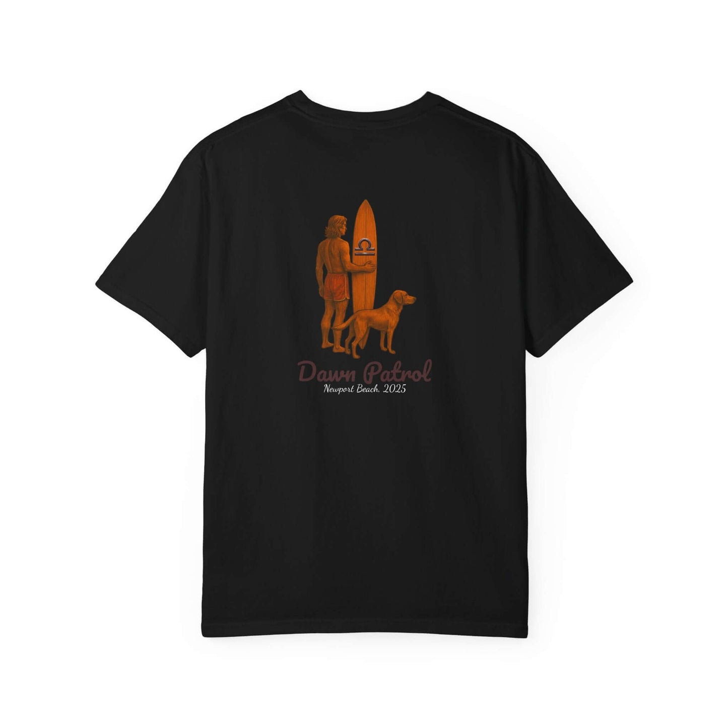 Back view of black t-shirt featuring surfer and dog design with 'Dawn Patrol Newport Beach 2025' text.