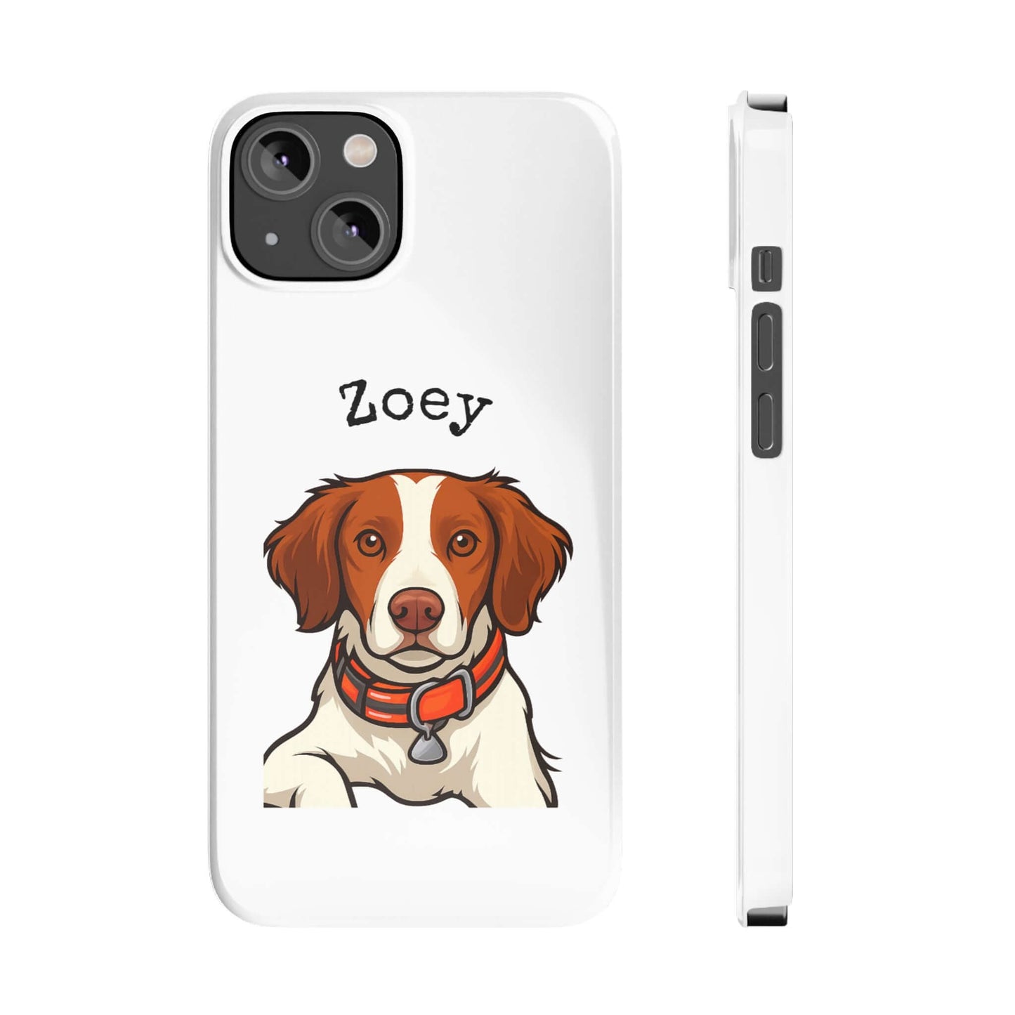 Custom dog cartoon phone case featuring a dog named Zoey with a glossy finish and impact-resistant design.