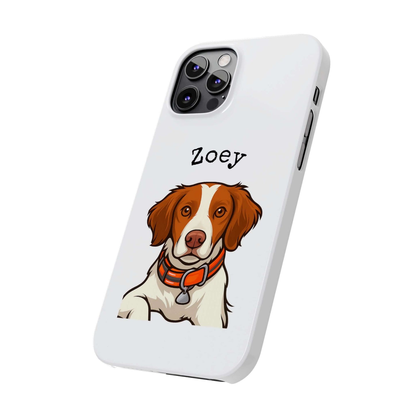 Custom cartoon dog phone case featuring a pet portrait of a dog named Zoey, ideal for dog lovers.
