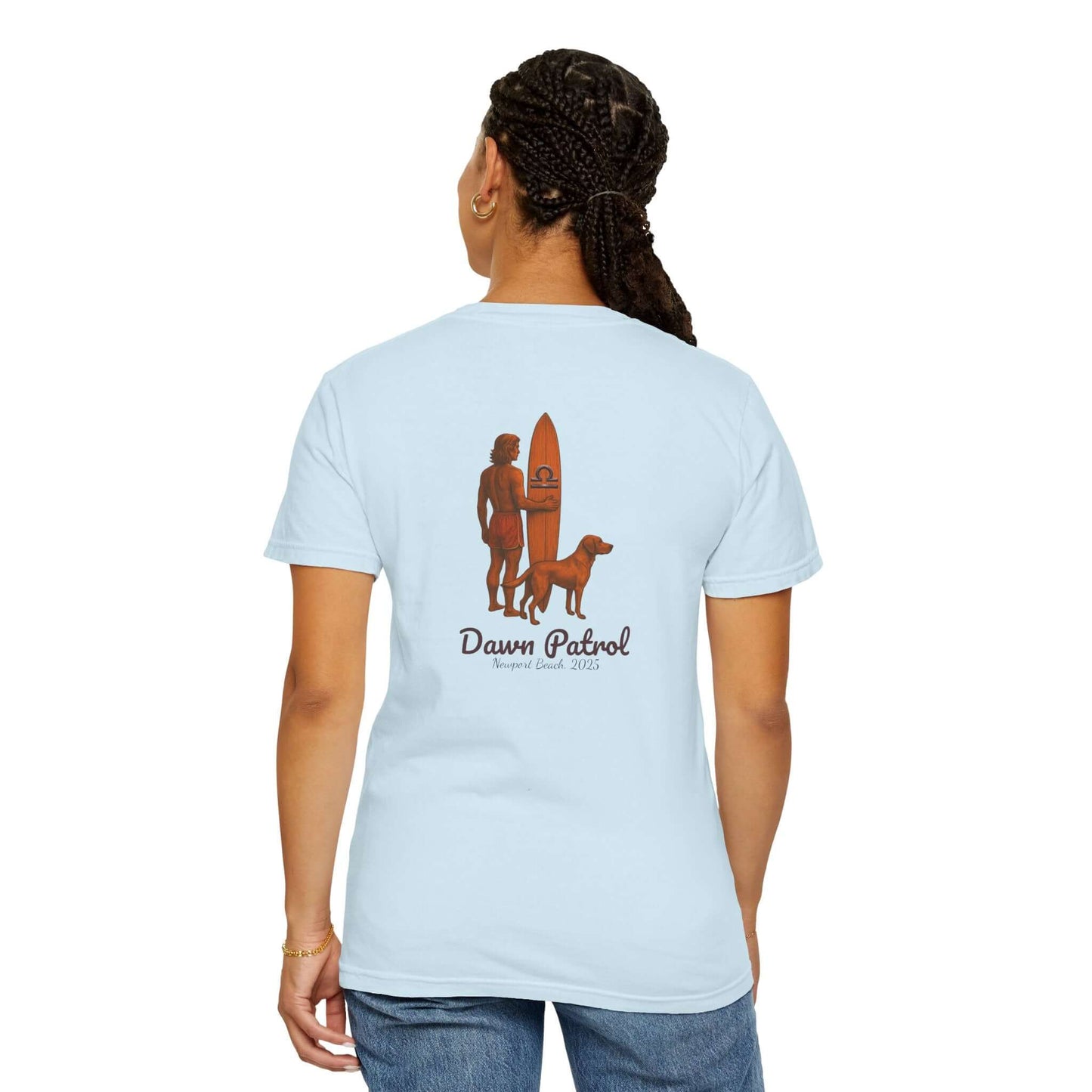 Back view of light blue personalized t-shirt featuring a surfer and dog graphic, ideal for beach lovers.