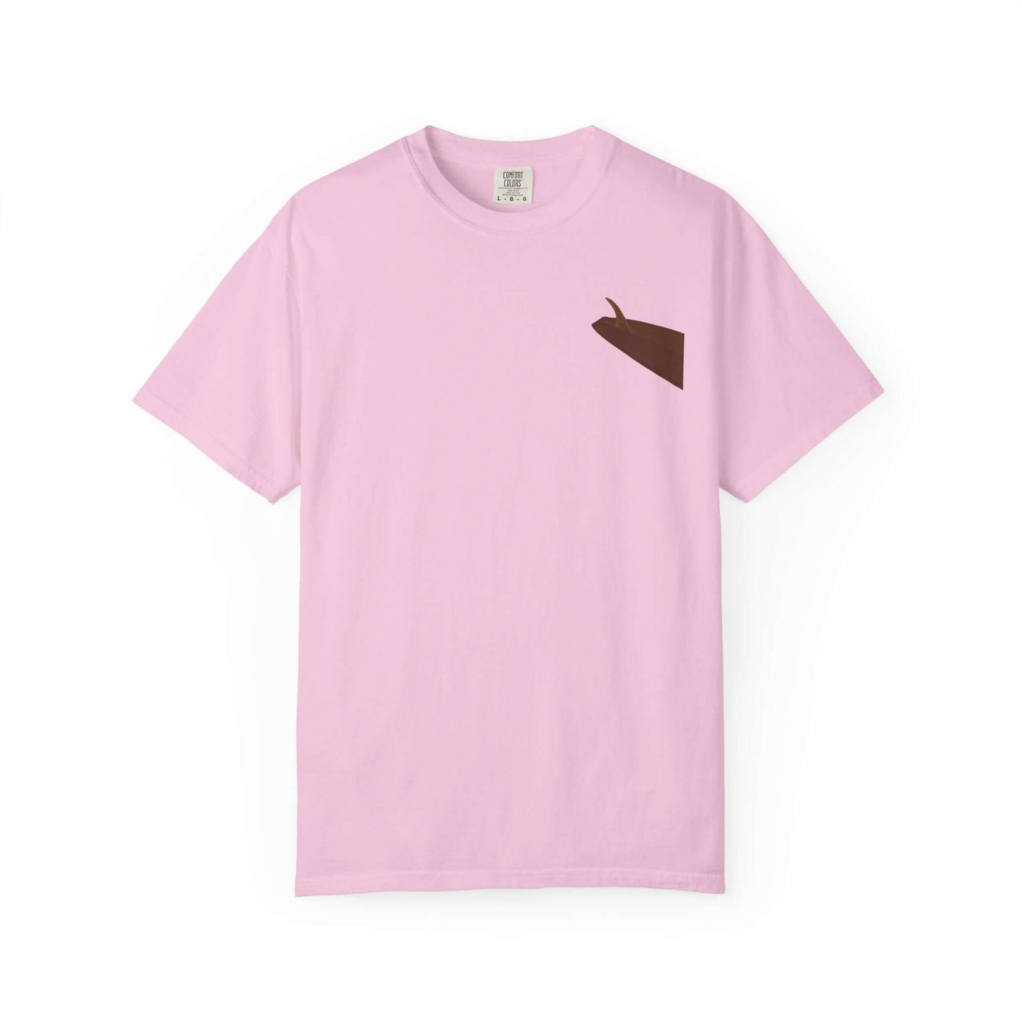 Pink personalized t-shirt featuring a unique brown design on the chest, perfect for casual wear.
