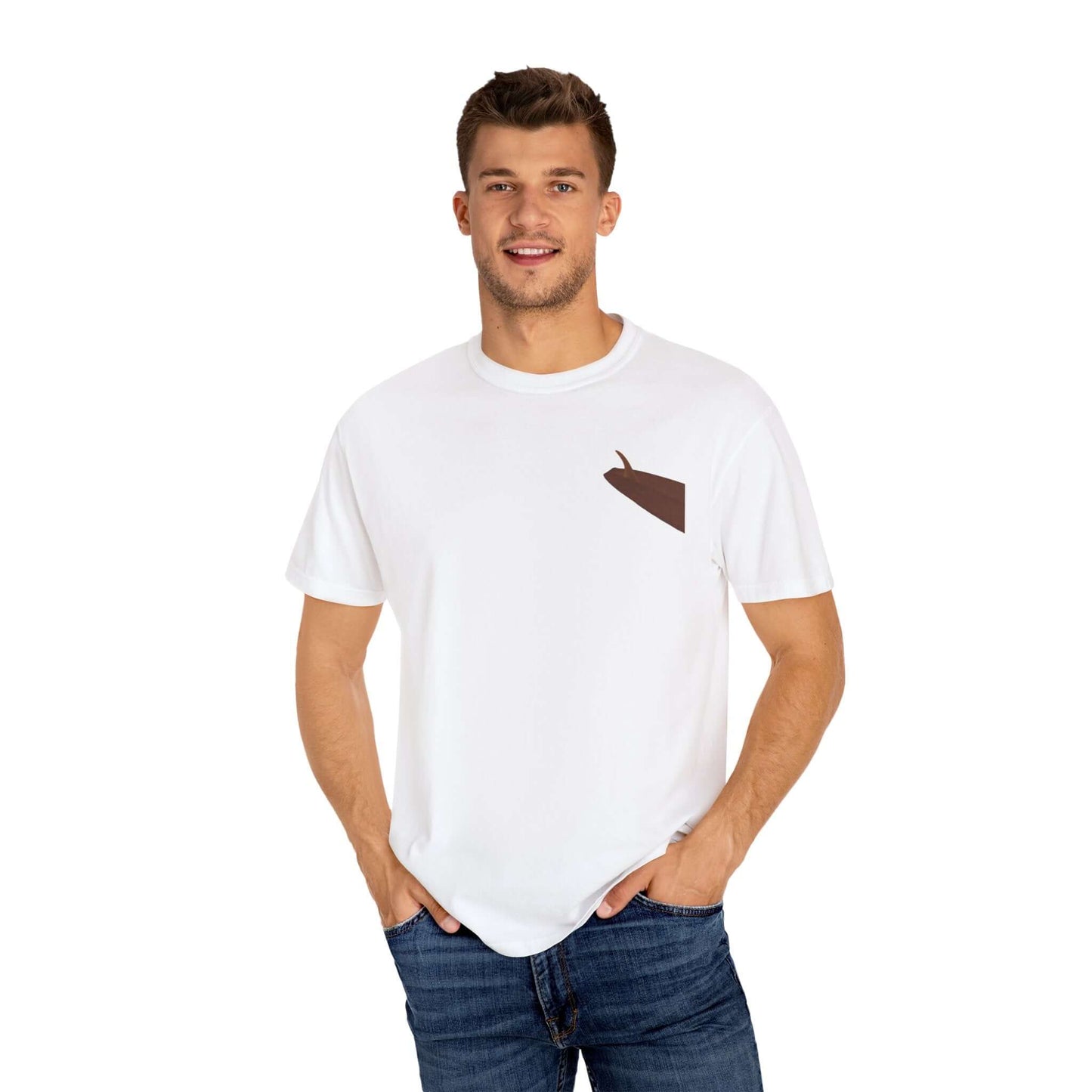 Man wearing a white personalized t-shirt with a brown pocket design, showcasing casual style and comfort.