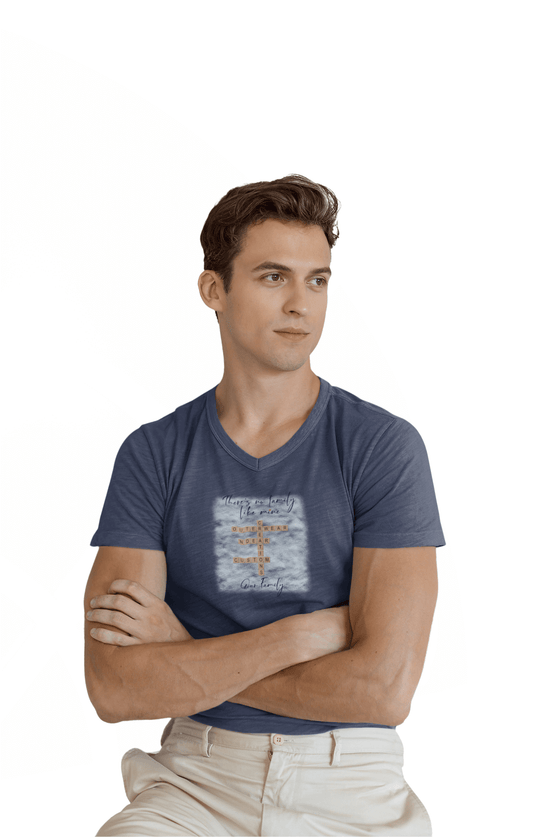 Man wearing a customizable family quote t-shirt in navy blue with a v-neck design.