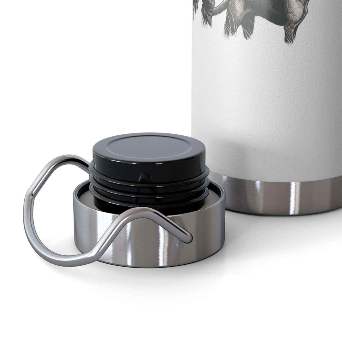 Close-up of the cap and spout of Hunter & Dog personalized copper vacuum insulated bottle.