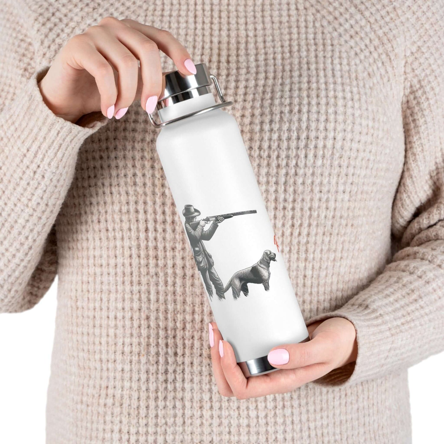 Personalized copper vacuum insulated bottle featuring hunter and dog design, ideal for outdoor adventures.