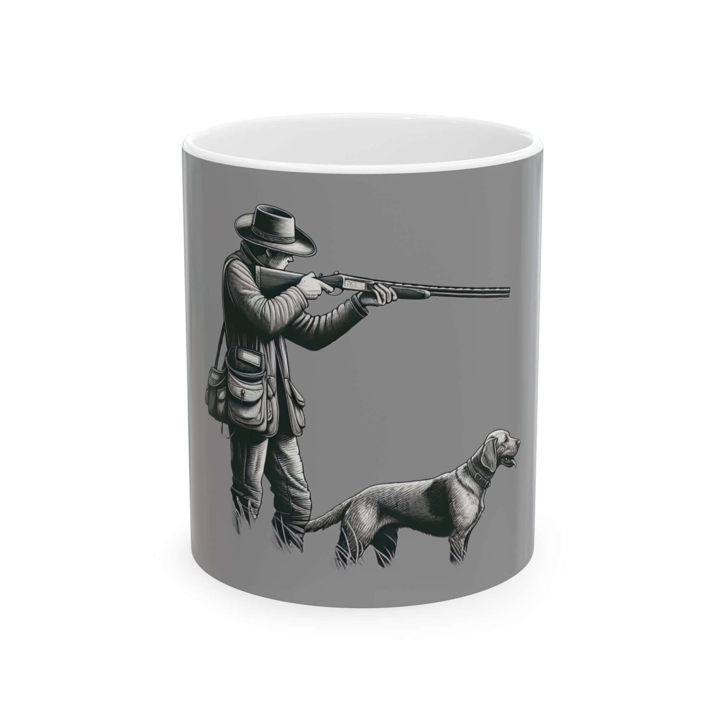 Personalized hunting mug featuring a hunter with a dog on a gray background, ideal for outdoor enthusiasts.