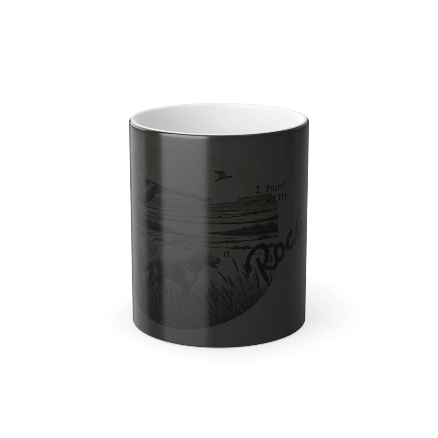 Personalized vintage heat-sensitive coffee mug with outdoor design and hunting theme.