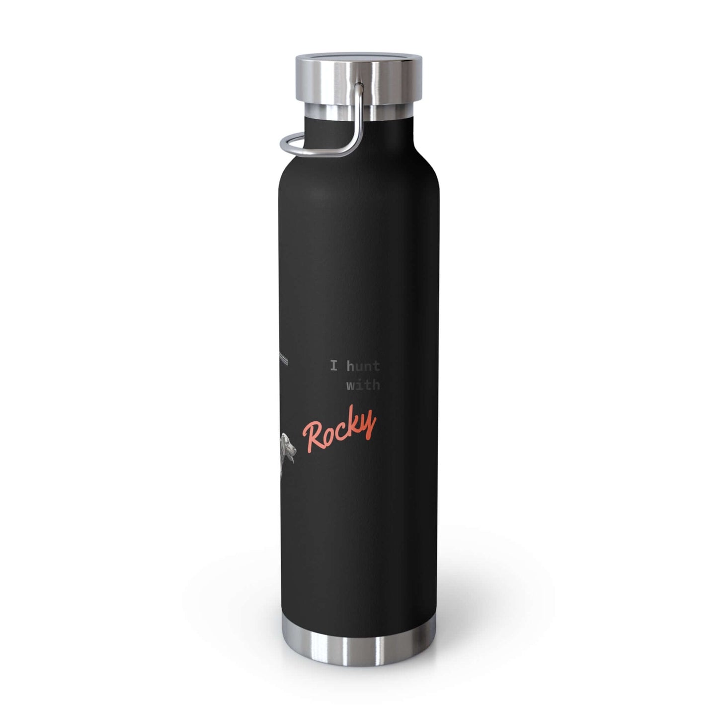 Personalized black vacuum insulated bottle with "I hunt with Rocky" text, perfect for outdoor adventures.