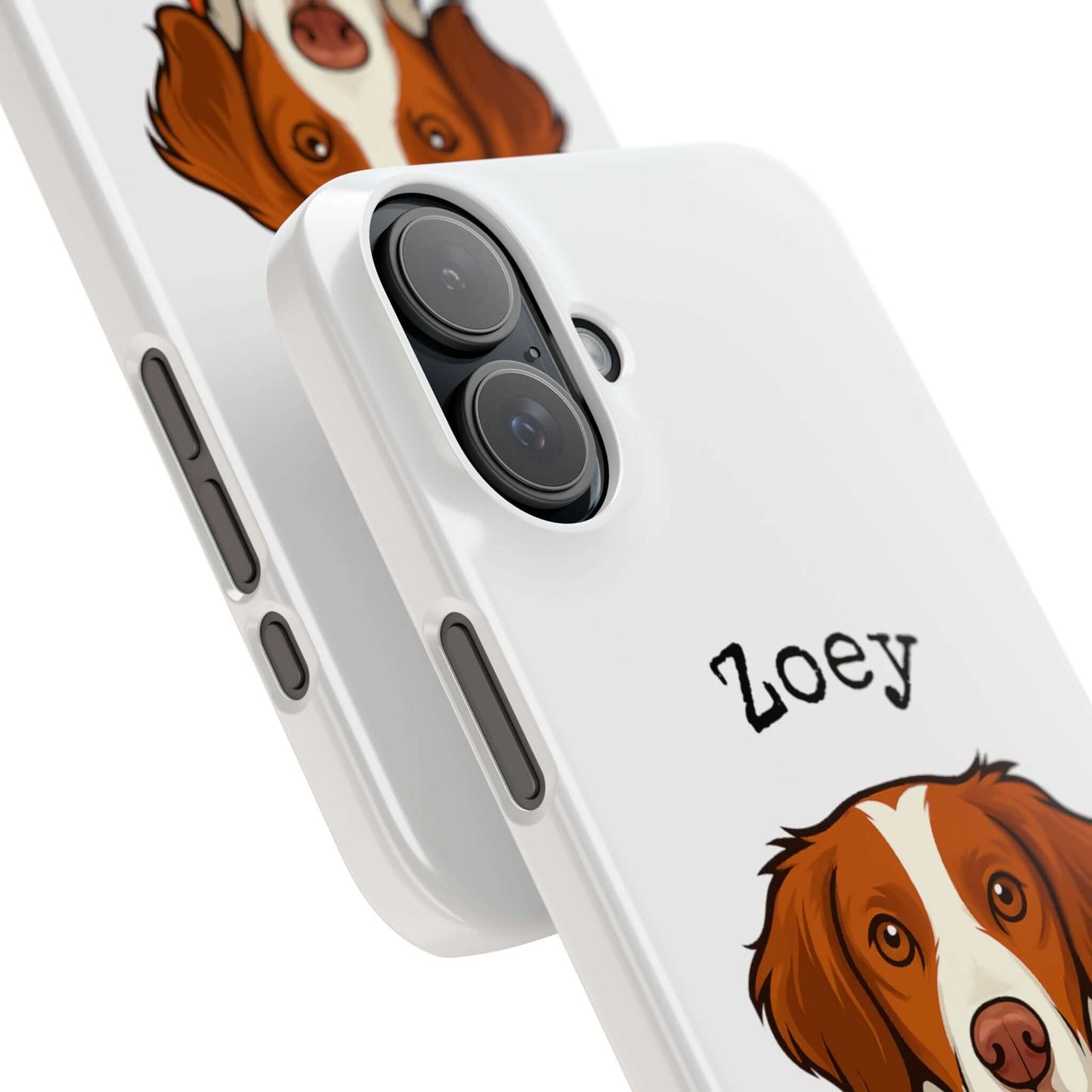 Custom cartoon white phone case featuring a dog design with the name 'Zoey' printed on it.