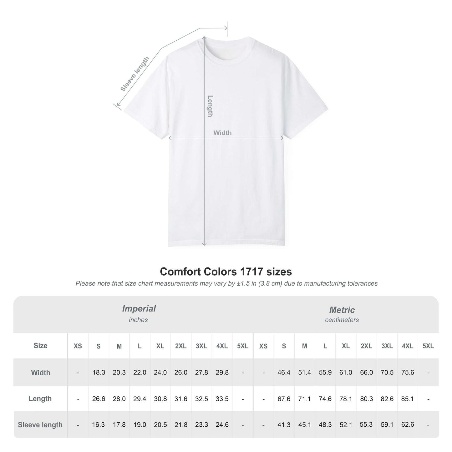 Size chart for Comfort Colors 1717 t-shirts with measurements in inches and centimeters.
