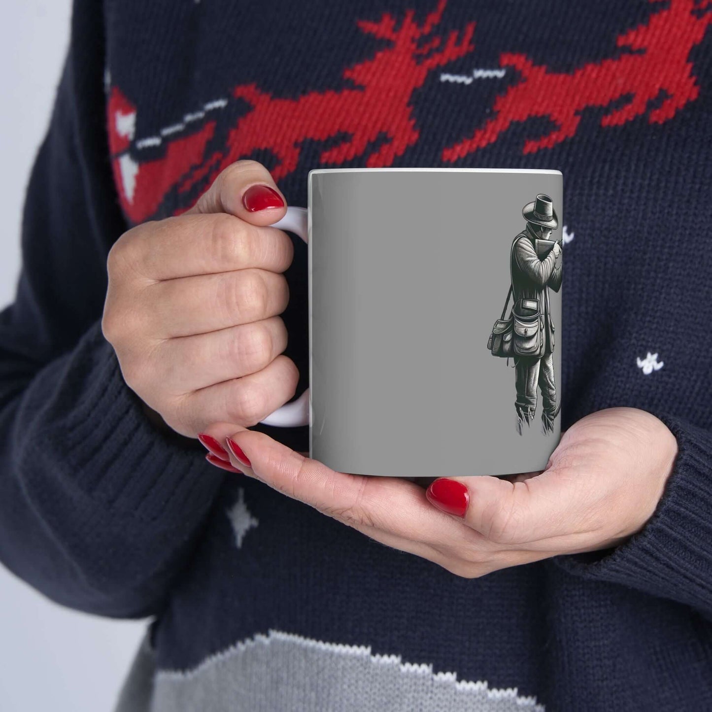 Woman holding a personalized gray hunting mug featuring an outdoor design, perfect for coffee lovers and adventurers.