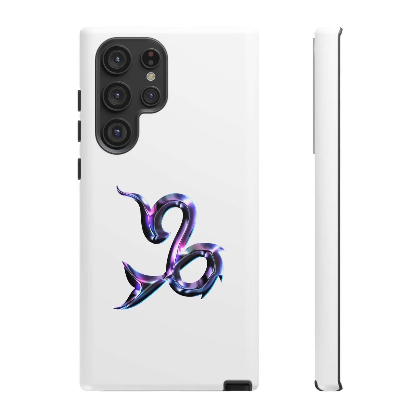 Personalized Zodiac phone case featuring a vibrant Capricorn design on a sleek white background.