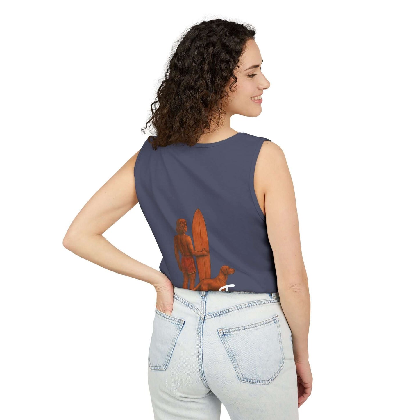 Woman wearing personalized surfing tank top with vibrant surf art on the back, perfect for beach lovers.