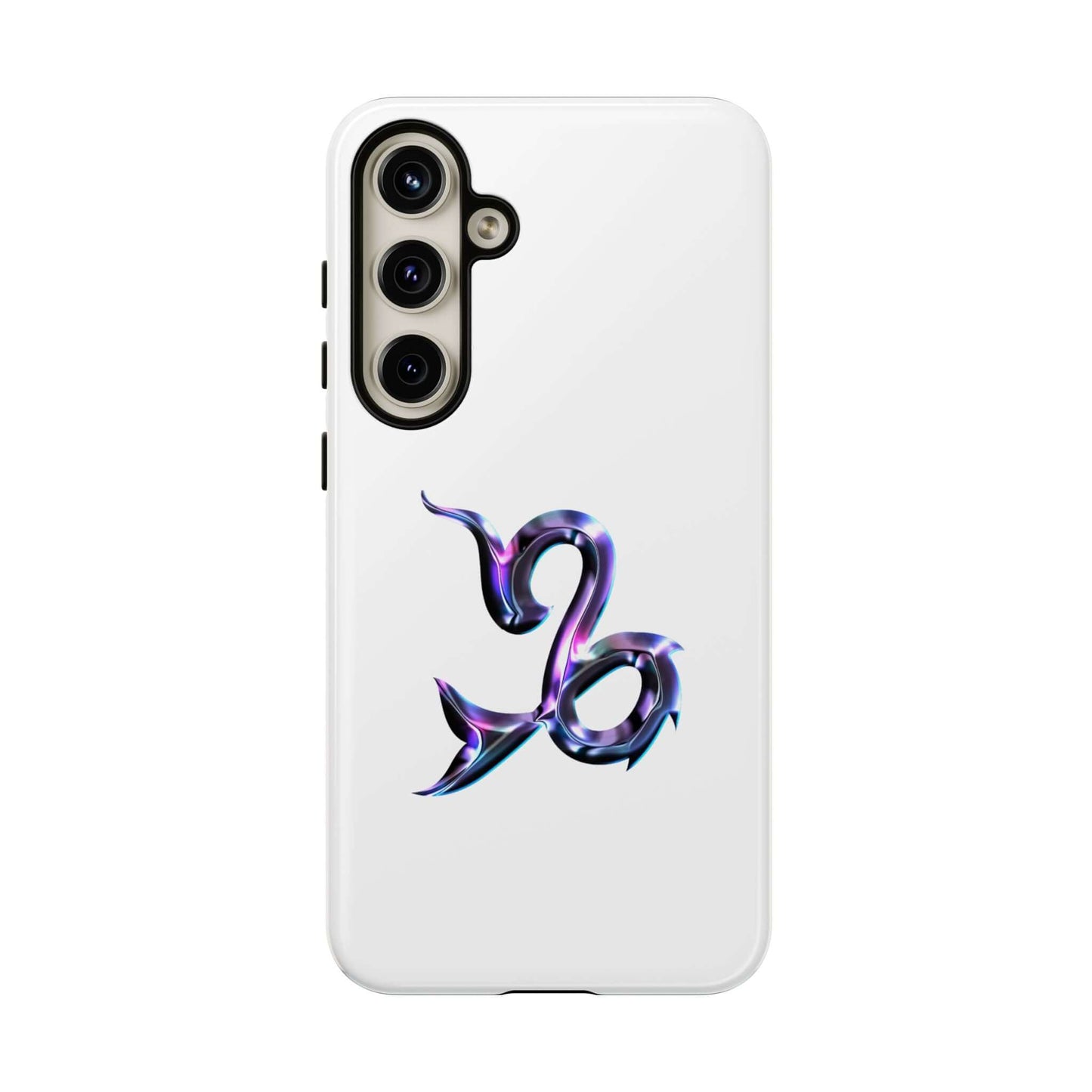 Personalized Zodiac phone case featuring a vibrant Capricorn symbol design on a sleek white background.