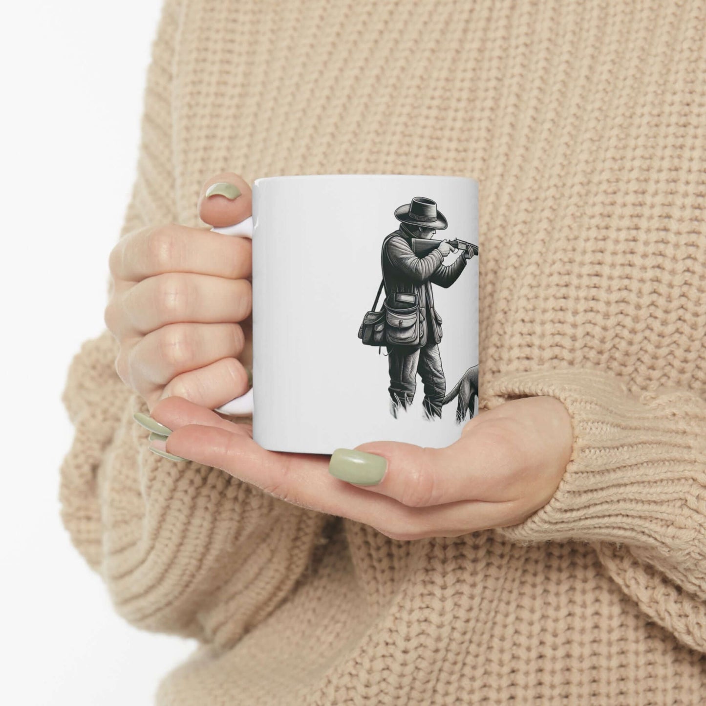 Personalized hunting enthusiast mug held by a person, featuring a stylish hunting design in white.