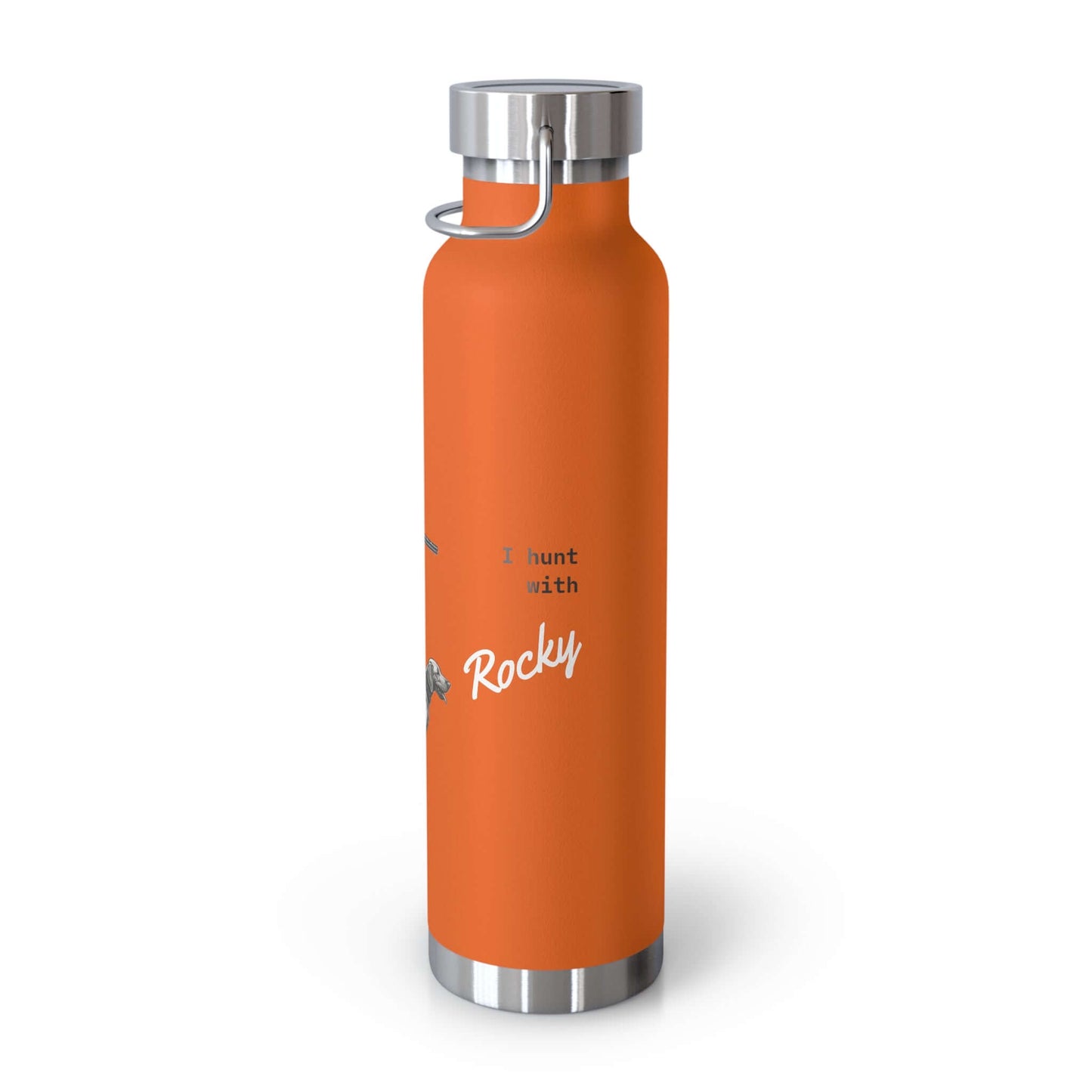 Personalized orange vacuum insulated bottle with hunting design that says "I hunt with Rocky"