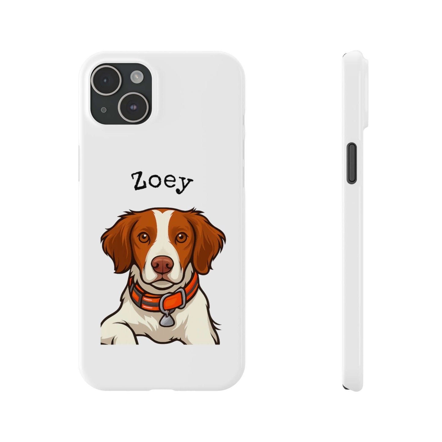 Custom cartoon dog phone case featuring a pet portrait of Zoey, perfect for dog lovers.