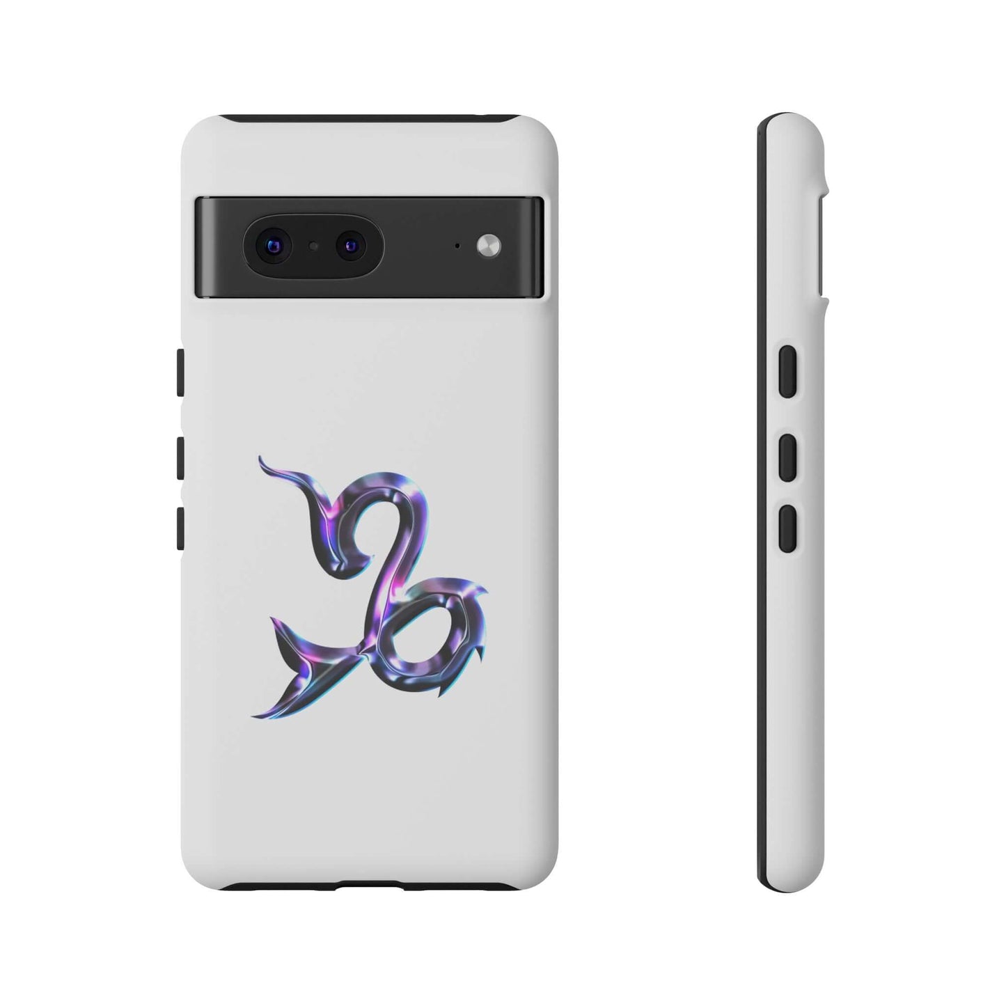 Personalized Zodiac phone case featuring a colorful Capricorn symbol on a sleek white design.